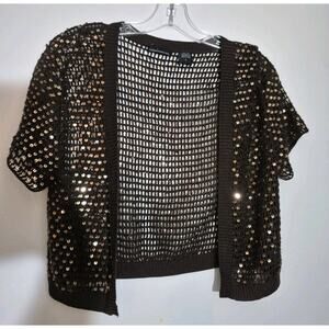 💥 MODA INTERNATIONAL S Y2K VTG BROWN SILK KNIT SEQUIN BOLER CARDIGAN D1